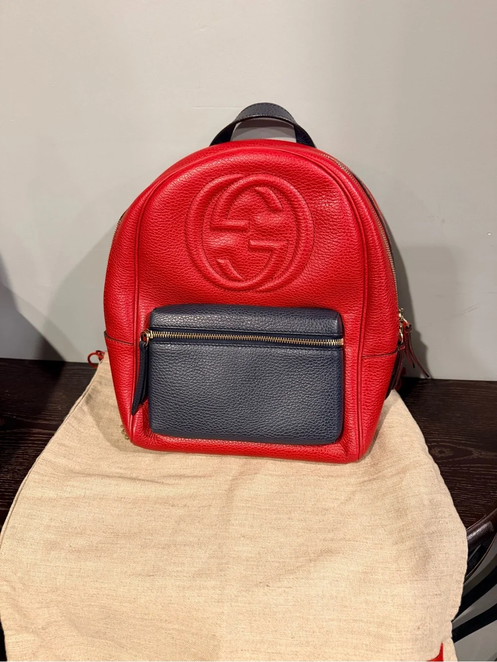 GUCCI *LIKE NEW* Red & Black Leather Mini Backpack & Gold Chain - W/ Dusty